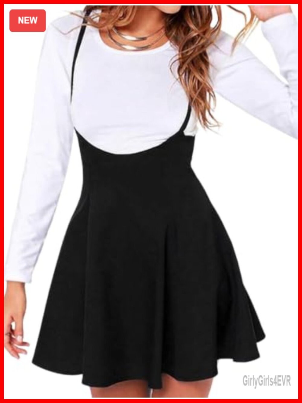 High Waist Suspender Skater Skirt Flared A-Line Pinafore Midi